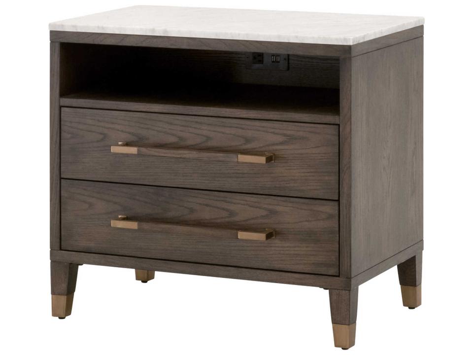 Cambria 2-Drawer Nightstand with Bianco Marble Top Dutch Brown Oak