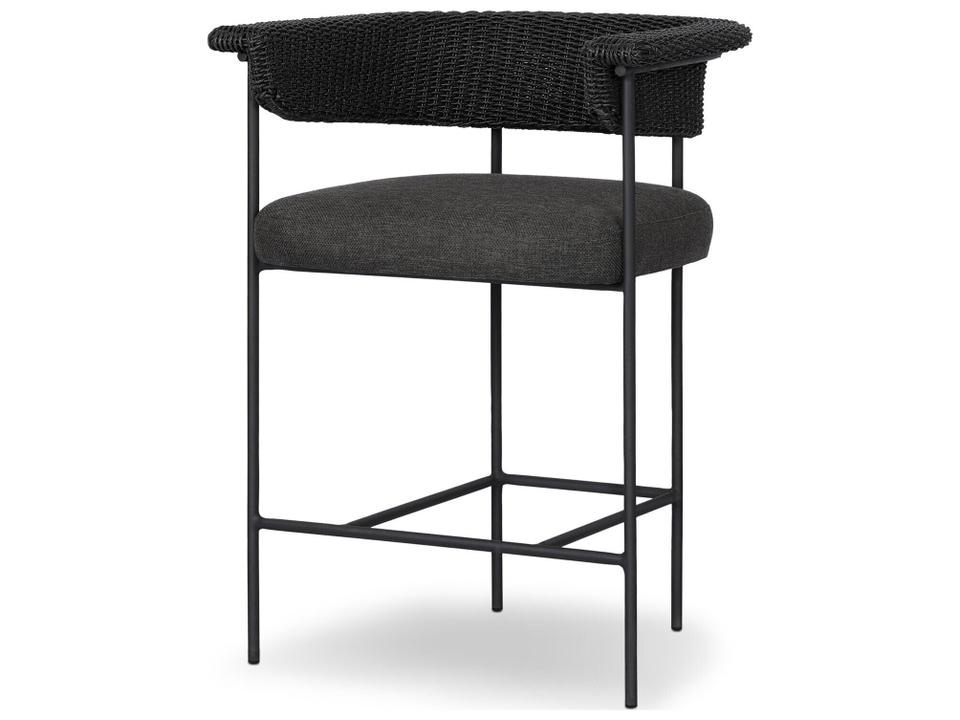 Carrie Upholstered Outdoor Counter Stool in Ellor Black with Faux Hyacinth