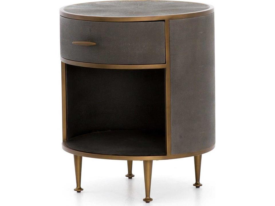 Bentley Faux Shagreen Round Nightstand in Grey and Antique Brass