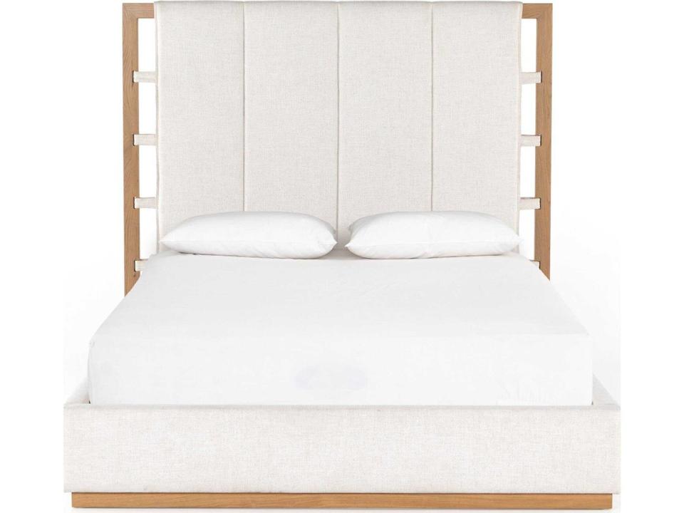 Berman Barnett Burnished Oak Dover Crescent White Wood Upholstered Queen Platform Bed
