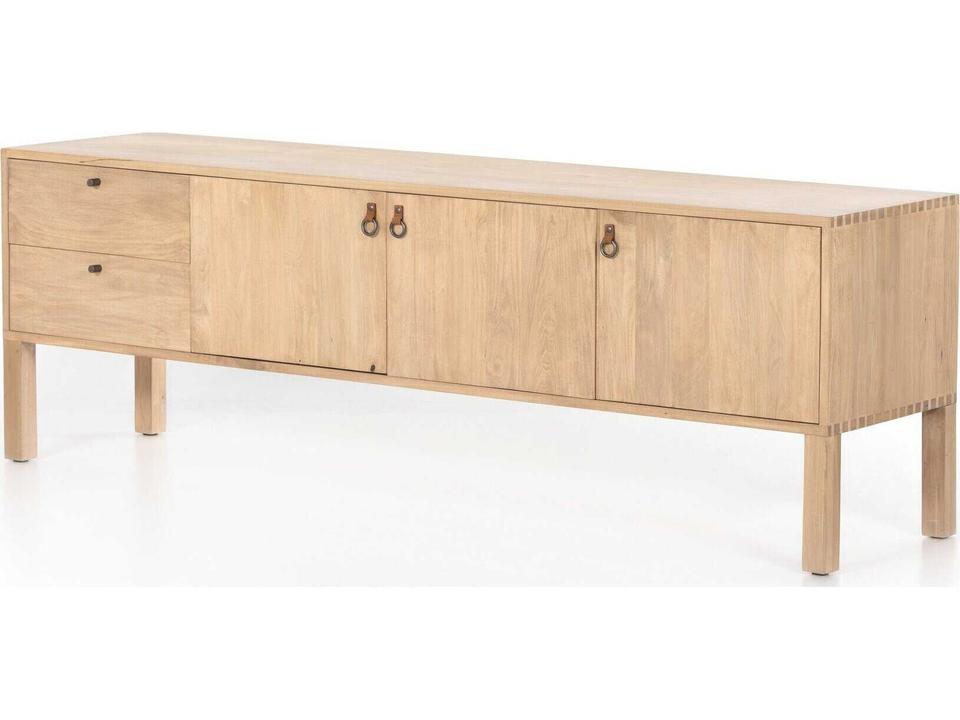 Fulton Isador 80" Poplar Wood Dry Wash Natural Iron Toffee Leather Media Console