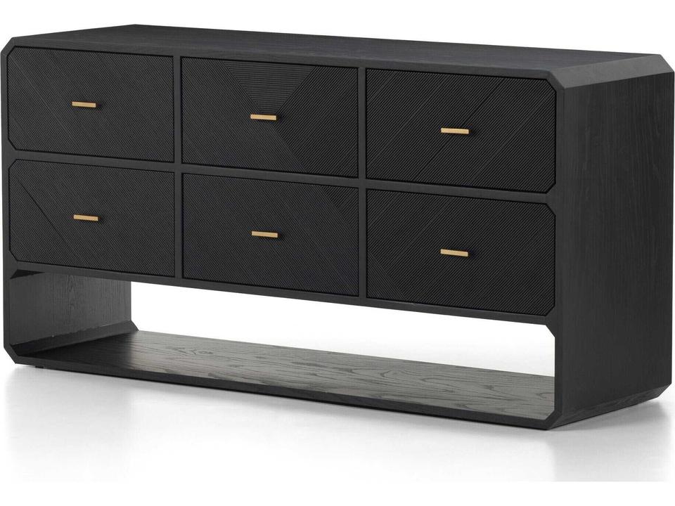 Caspian 6-Drawer Dresser in Black Ash Veneer with Satin Brass Handles