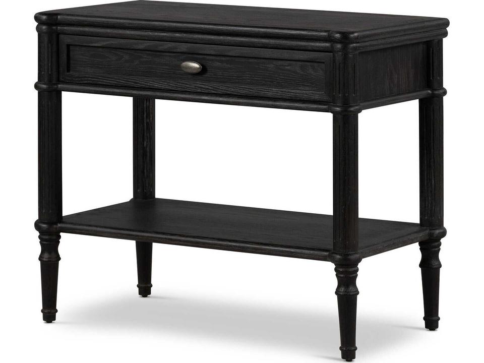 Toulouse Distressed Black Oak Nightstand with Aged Brass Pull