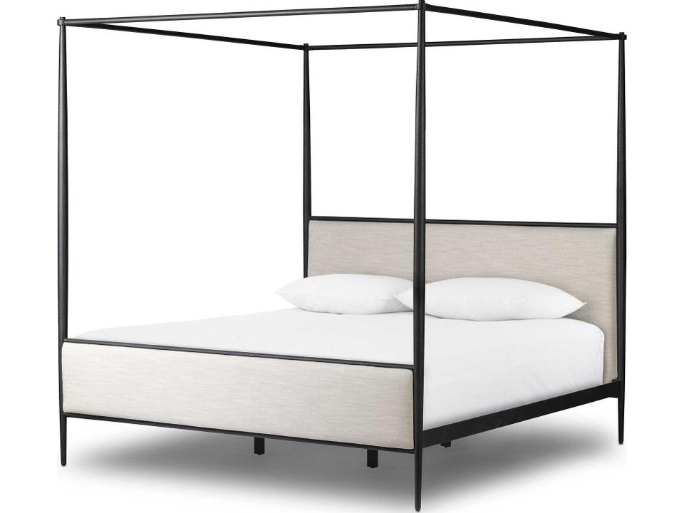Xander King Canopy Bed in Savoy Parchment and Textured Black Iron