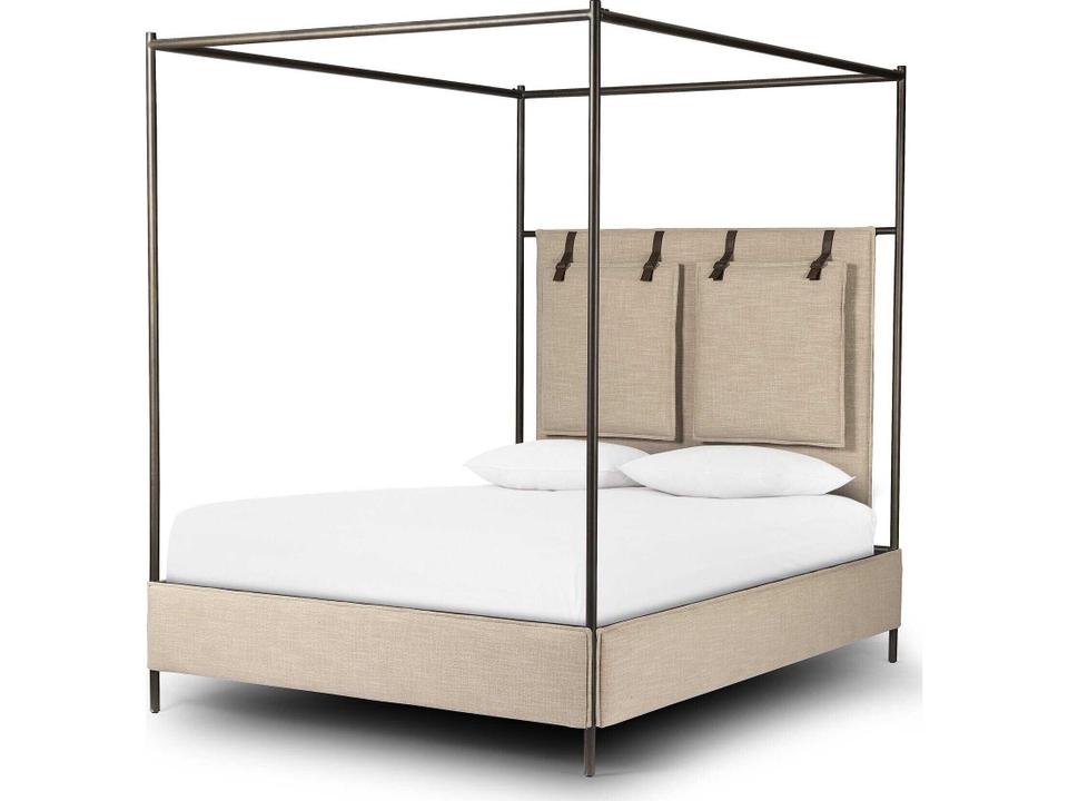 Irondale Leigh Queen Canopy Bed in Beige with Leather Straps