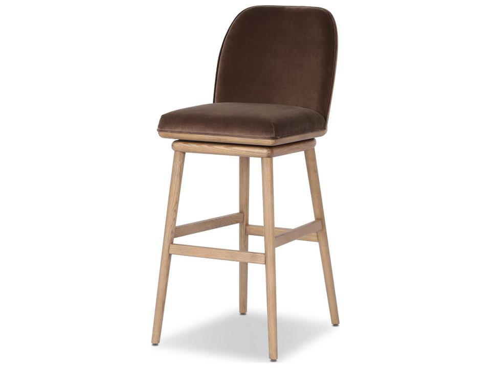 Houghton Velvet Upholstered Swivel Ash Wood Bar Stool