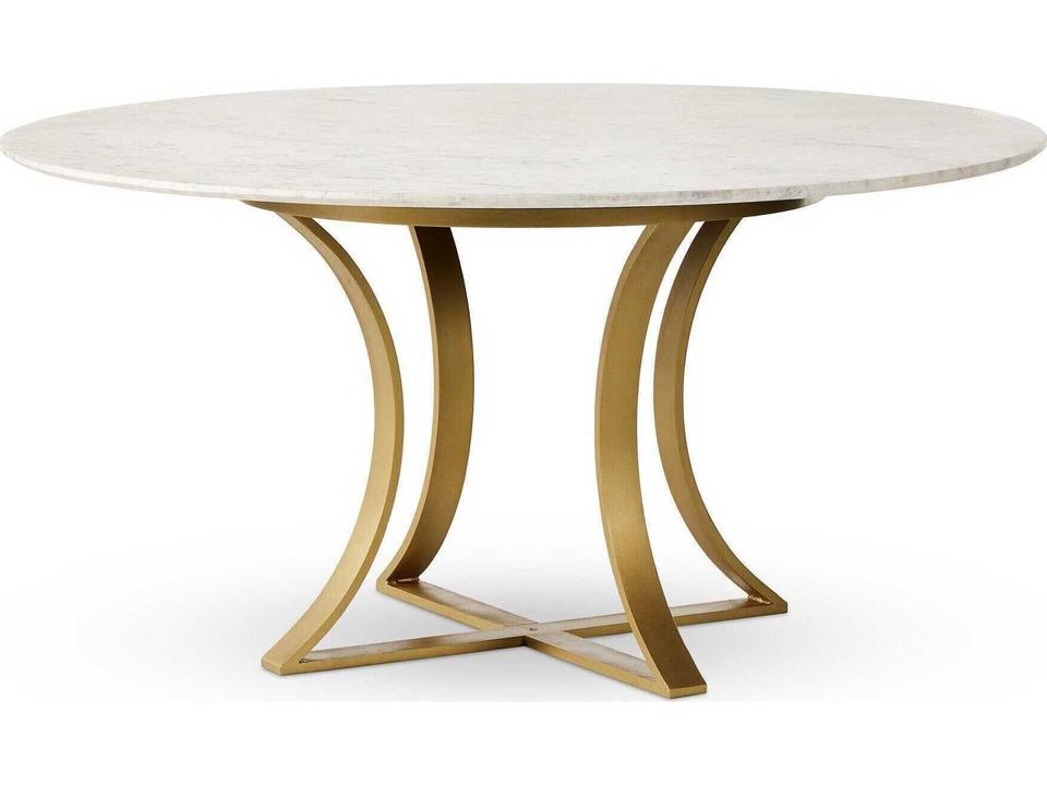 Gage 60-Inch Round Dining Table in Polished White Marble and Antique Brass