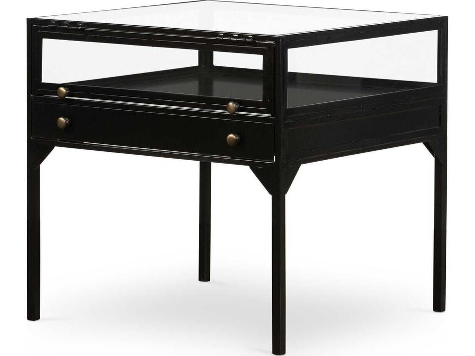Belmont Square Shadow Box End Table in Black Metal and Tempered Glass