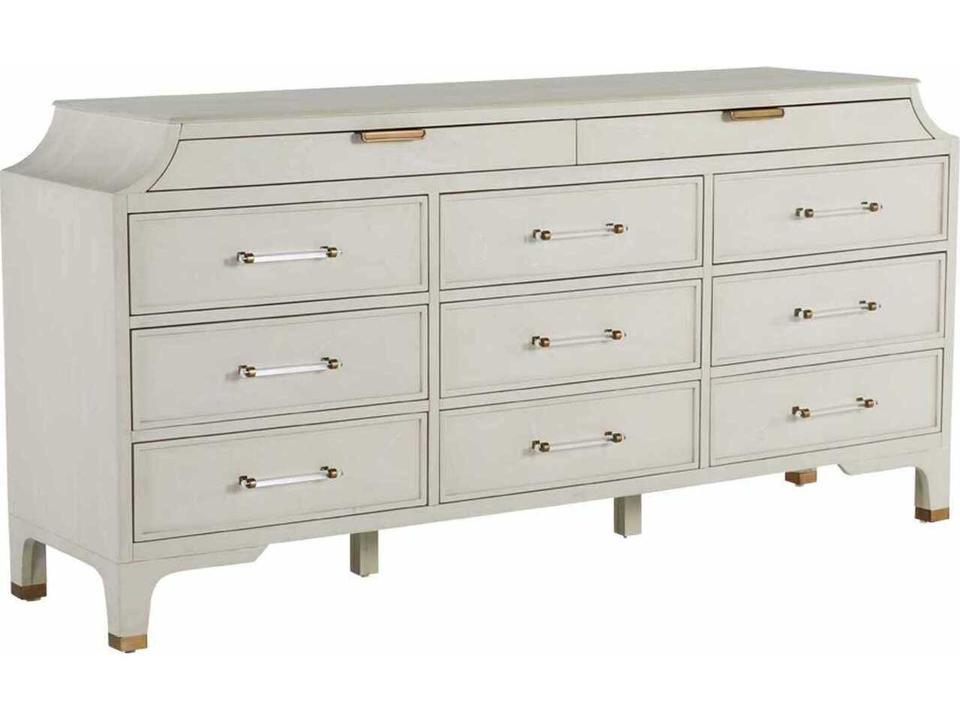 Alexandra 11-Drawer Dresser in Cerused White Mahogany with Brass Accents