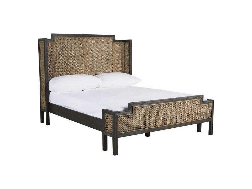 Camille King Bed with Natural Rattan Panels and Cerused Gray Finish