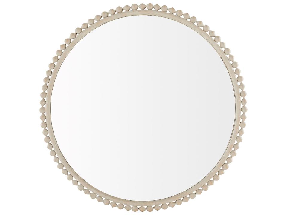 Belle Distressed White Round Wall Mirror with Orb and Diamond Frame