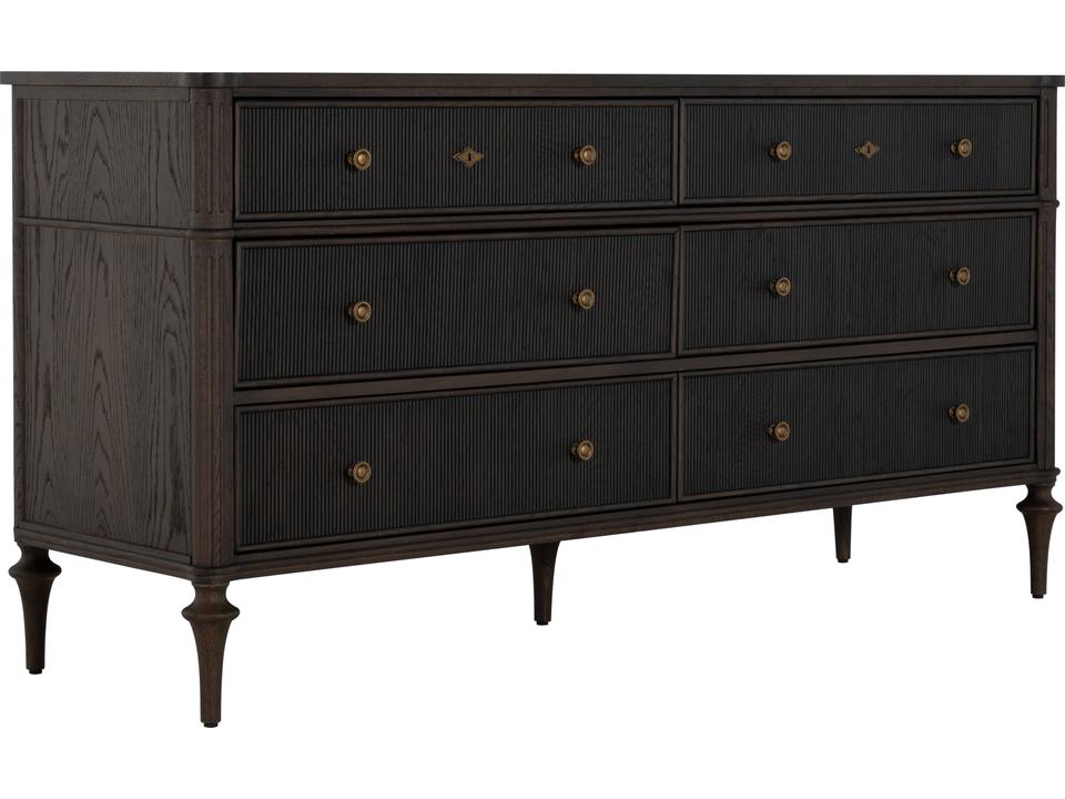 Andrea 6-Drawer Dresser in Dark Stained Oak with Antique Brass Accents