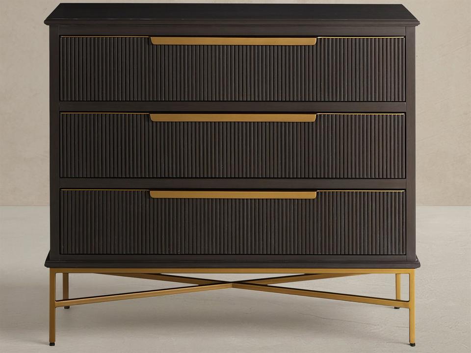 Riggs 3-Drawer Sesame Black Mahogany Wood Accent Chest with Stained Brass Base
