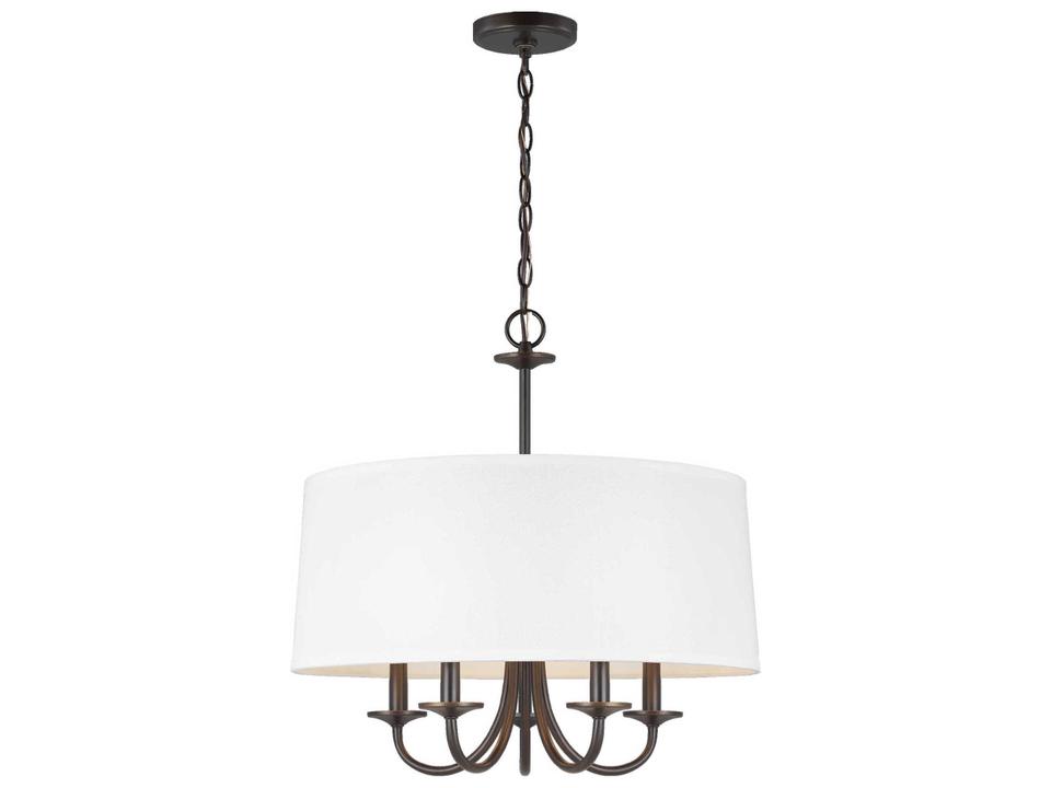 5-Light Seville Drum Chandelier in Bronze with White Linen Shade