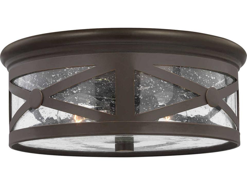 Lakeview 2-Light Outdoor Flush Mount in Antique Bronze with Clear Seeded Glass