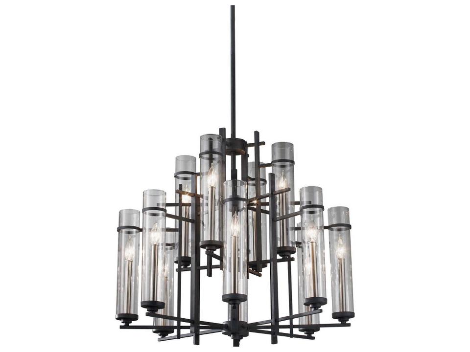 12-Light Ethan Multi-Tier Chandelier in Antique Forged Iron and Brushed Steel