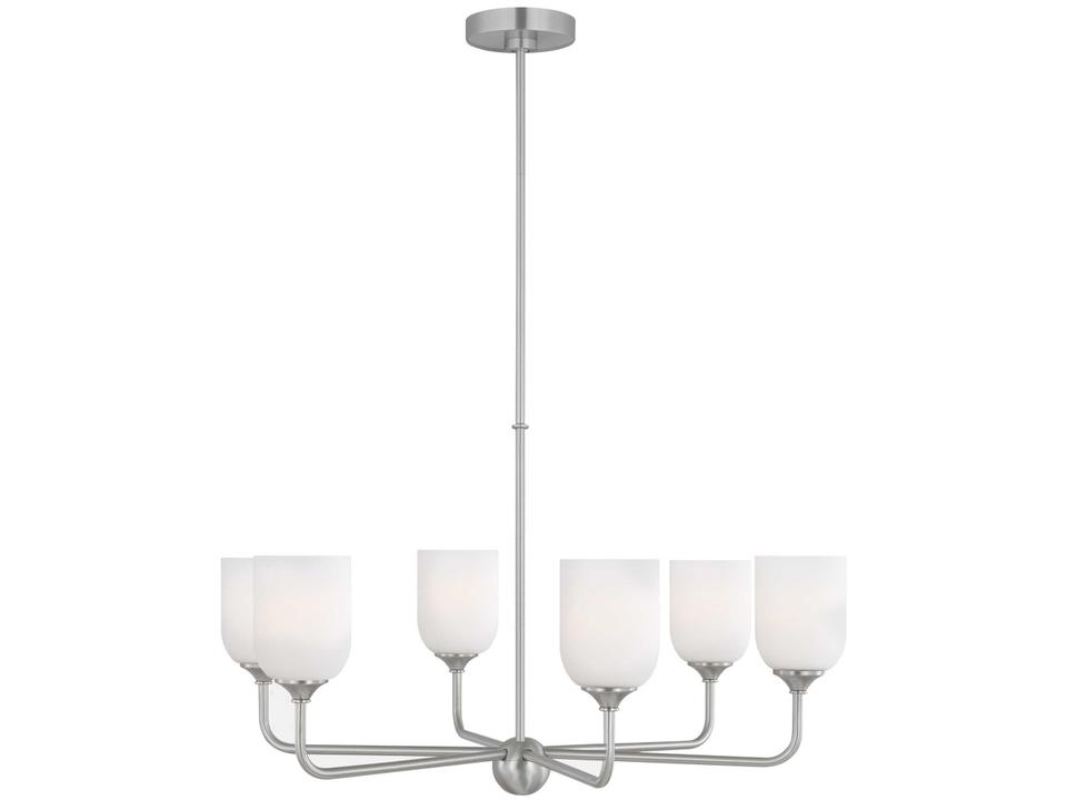 6-Light Emile Chandelier in Brushed Steel with Etched-White Glass