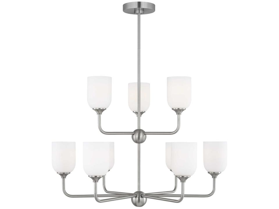 9-Light Emile Chandelier in Brushed Steel with Etched Glass