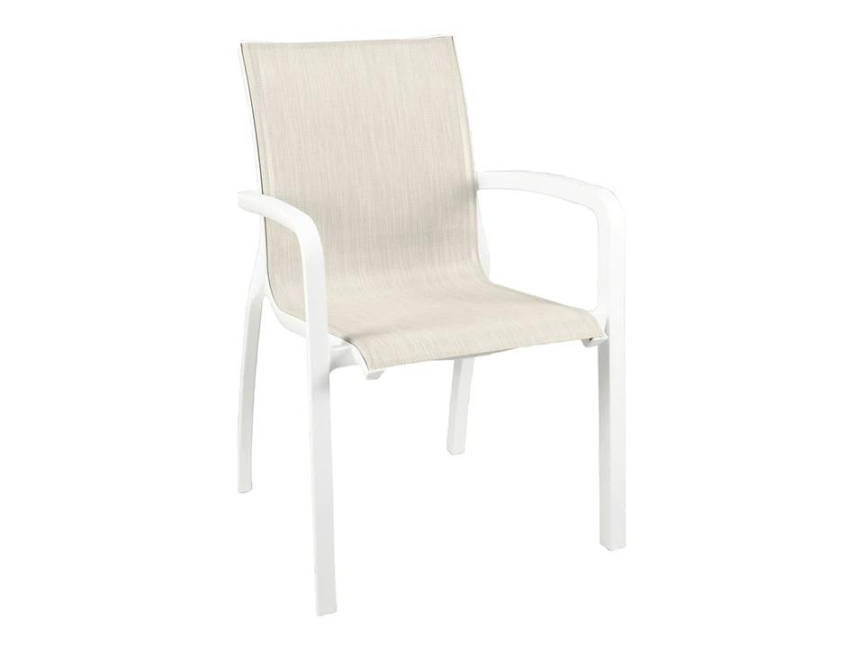 Sunset Sling Aluminum Glacier White Stacking Outdoor Dining Arm Chair in Beige