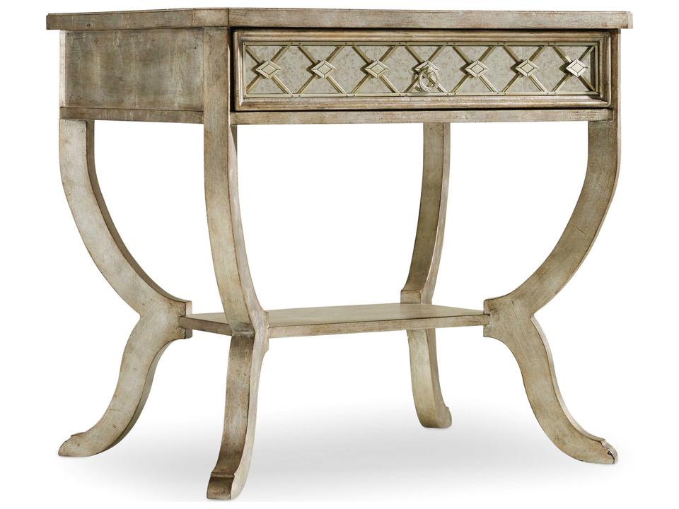 Sanctuary 1-Drawer Bedside Table in Elegant Silver Leaf with Antique Mirror