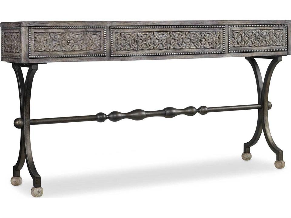Ravenna Console Table with Carved Celtic Circles in Distressed Gray