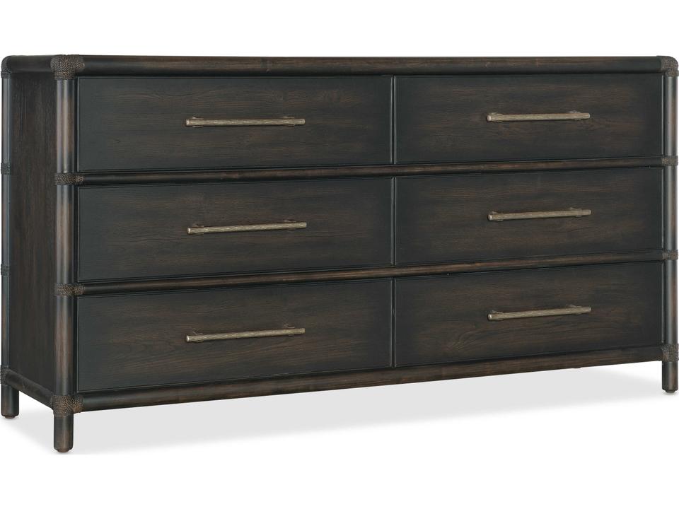 Retreat 68-Inch 6-Drawer Wood Dresser with Pole Rattan Accents in Black Sand