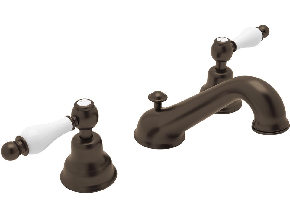 Arcana Widespread Lavatory Faucet with Ornate White Porcelain Lever Handles C-Spout Tuscan Brass
