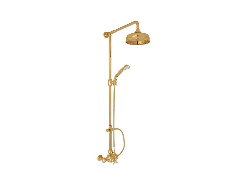 Arcana Exposed Thermostatic Shower System in Italian Brass with Ornate Porcelain Lever