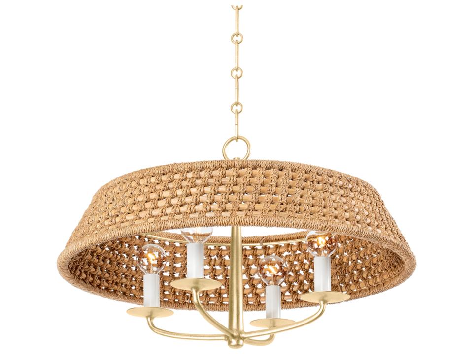 Bradley 4-Light Round Chandelier in Vintage Gold Leaf with Natural Woven Shade