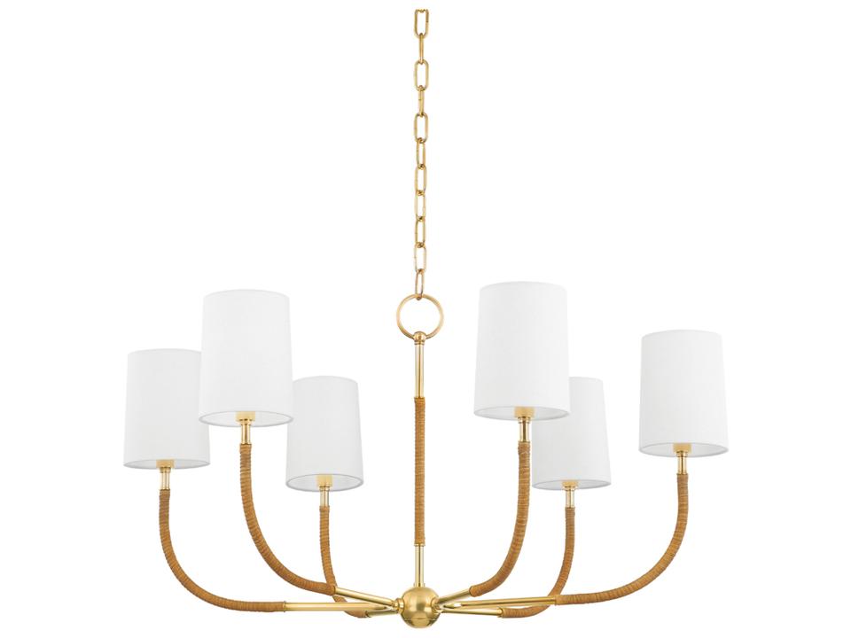 6-Light Webson Chandelier Aged Brass with Rattan Accents