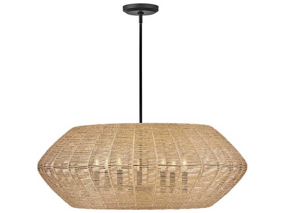 7-Light Luca Drum Chandelier in Black and Camel Rattan