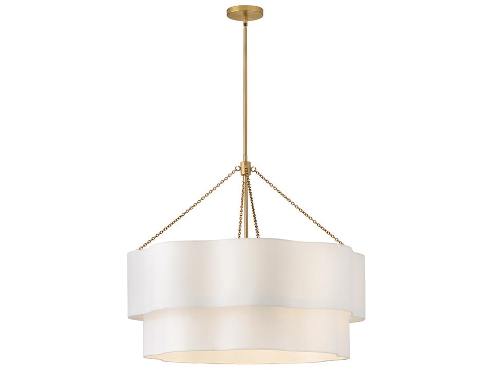 8-Light Gwen Drum Chandelier in Lacquered Brass with Off-White Linen Shade