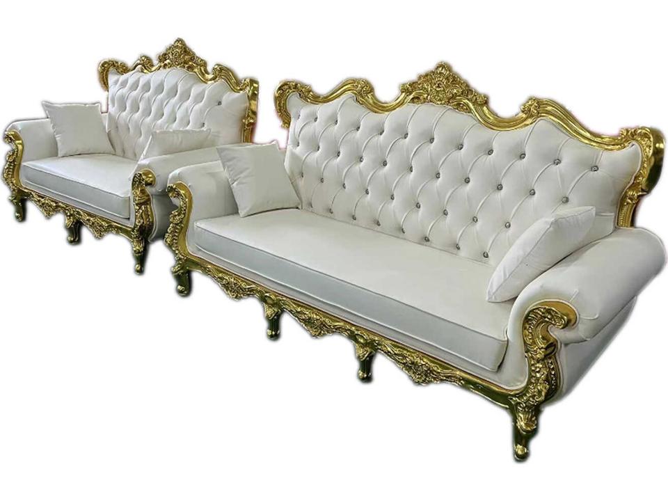 Infinity 3-Seat Sofa and Loveseat Set in Beige Velvet with Gold Finish