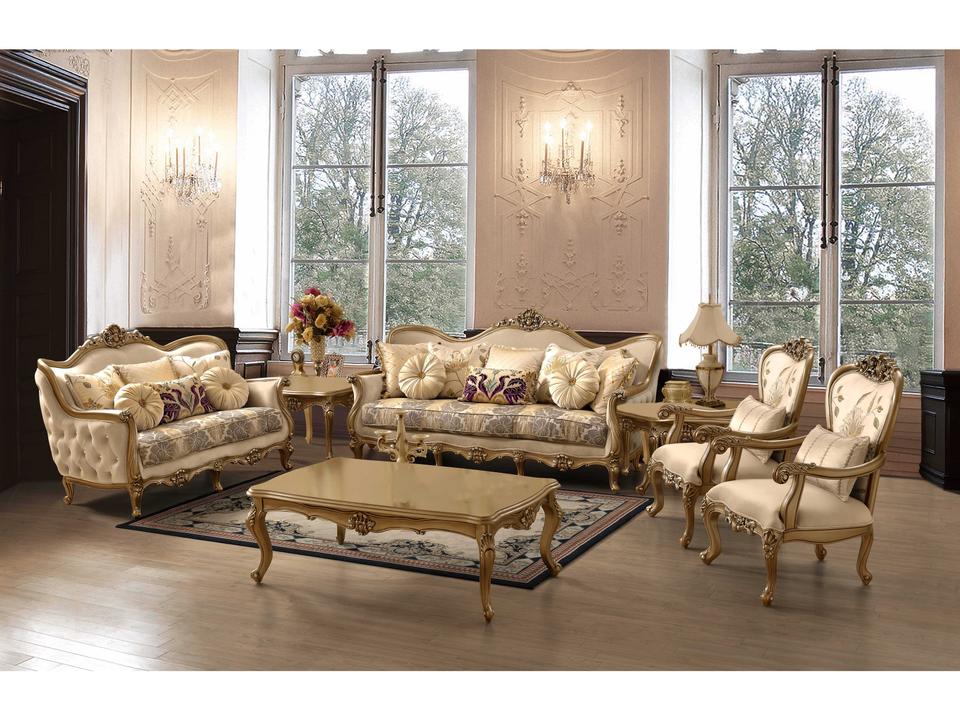 Infsg 6-Piece Living Room Set with Tufted Beige Upholstery