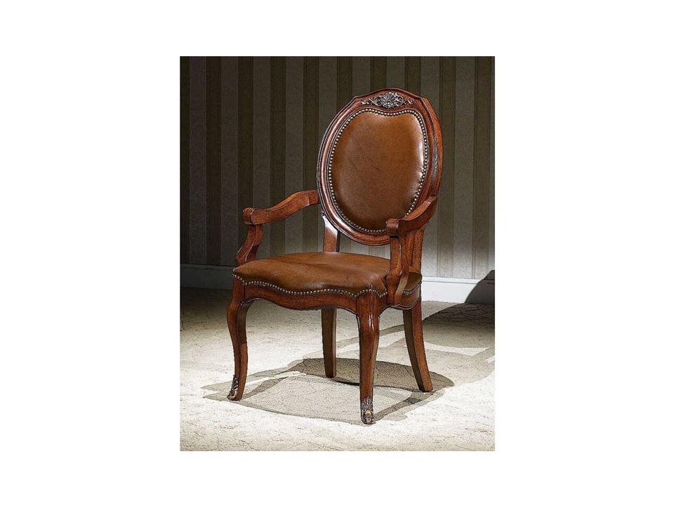 LV-722 Solid Wood Brown Leather Arm Dining Chair with Nailhead Trim