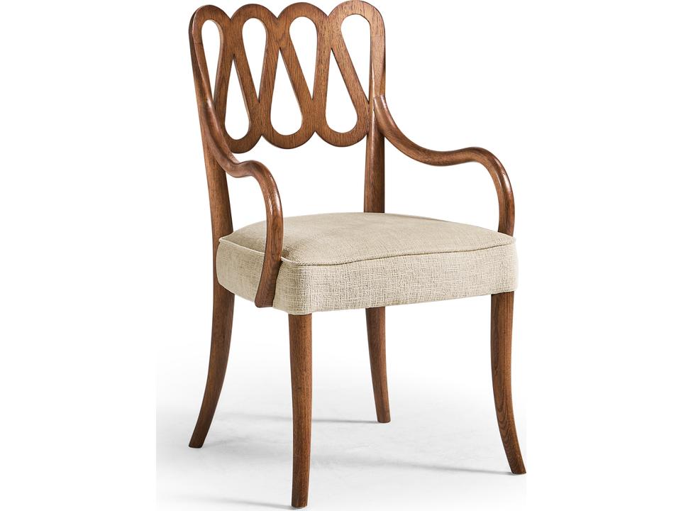 William Yeoward Ampney Oak Wood Upholstered Arm Dining Chair in Grey Fruitwood Oak