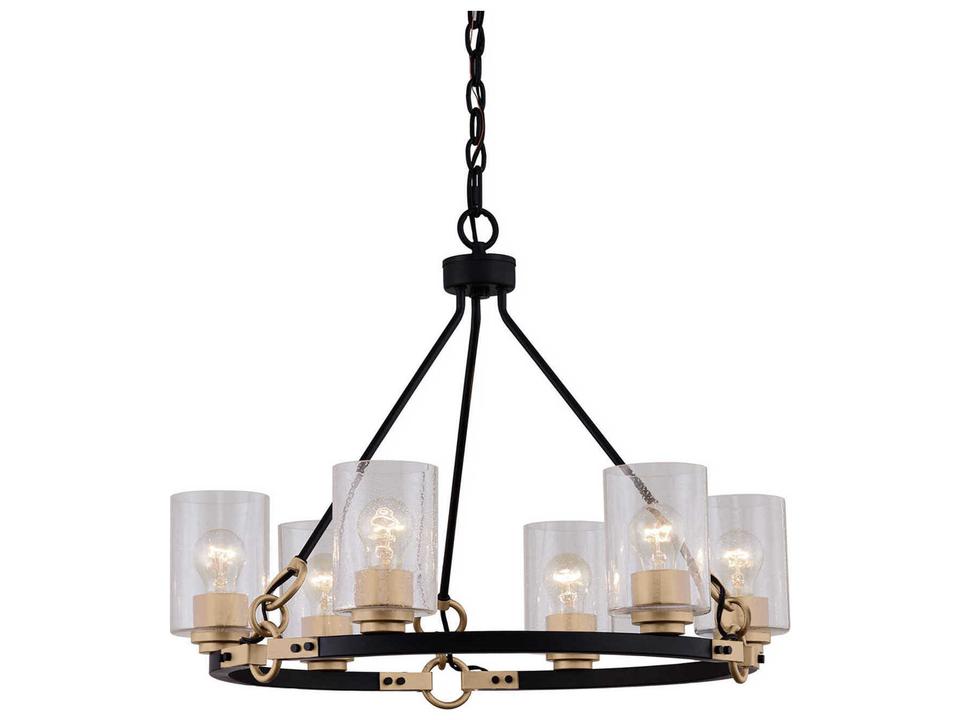 6-Light Richmond Chandelier in Matte Black and Brass with Seeded Glass