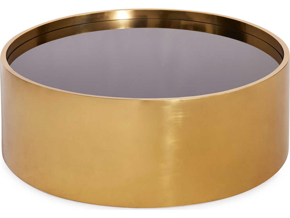 Alphaville Round Coffee Table in Honed Brass and Black Mirror Glass