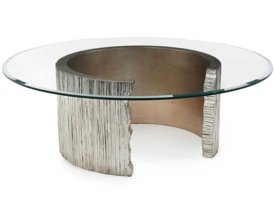 Pyrenees Round Glass Coffee Table with Burnished Silver Leaf and Valyrian Gold Leaf