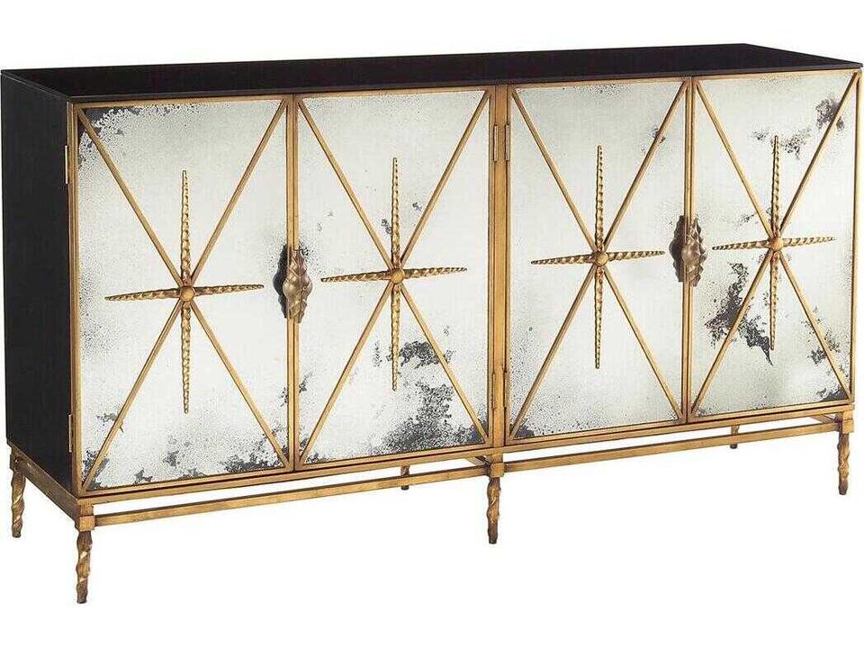 Rio Four-Door Sideboard Old Gold and Black Lacquer with Foxed Mirror Panels