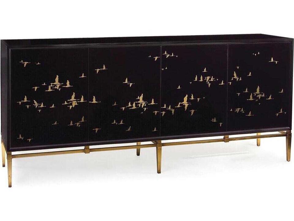 Migration Four-Door Credenza Black Glass with Old Gold Frame