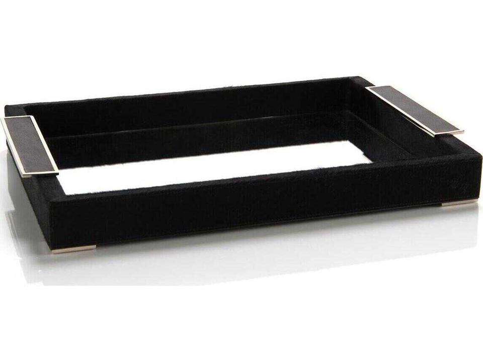 Black Leather Mirror Decorative Tray with Stainless Steel Accents