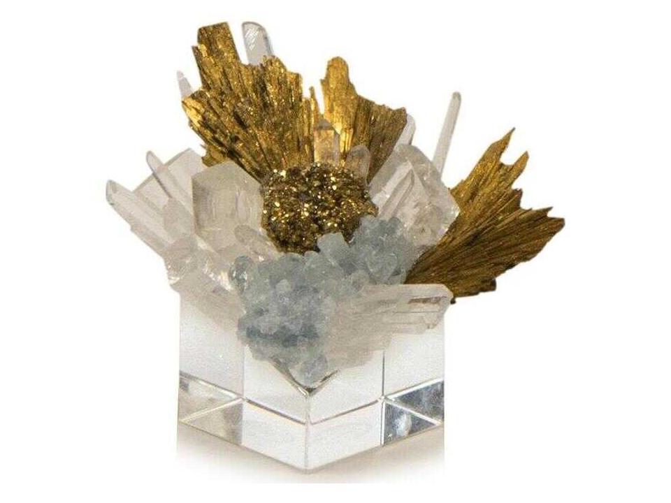 Stone Cluster Sculpture with Clear Yellow Quartz and Gold Accents