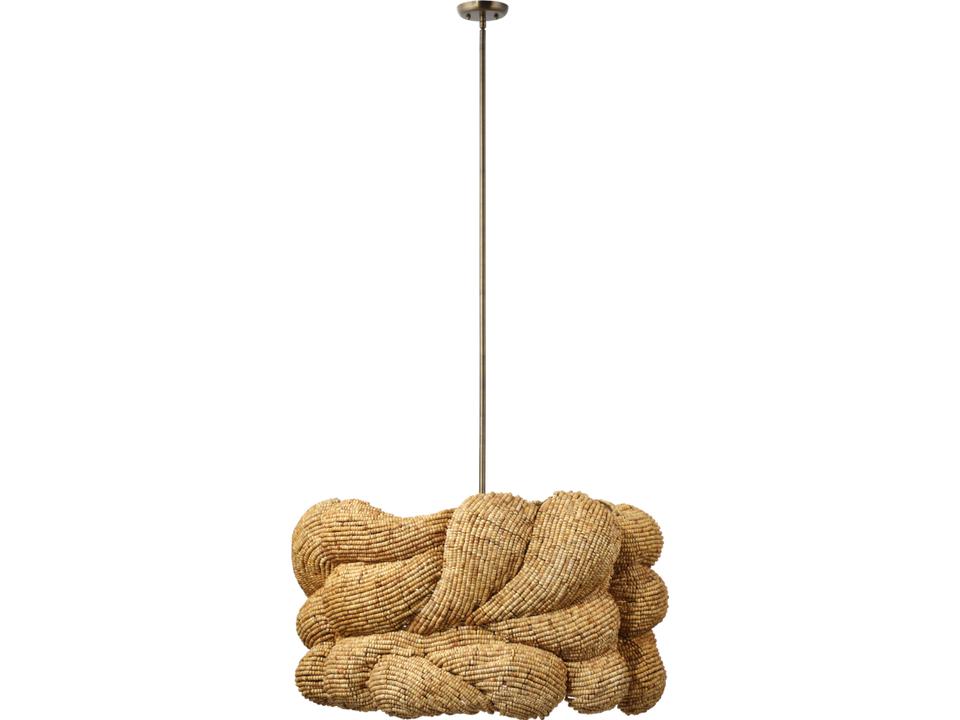 6-Light Anguilla Chandelier Natural Wood Beads Antique Brass