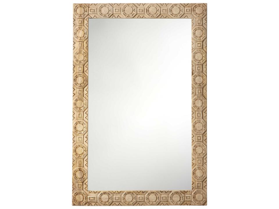 Relief Natural Rectangular Wall Mirror with Hand-Carved Wood Frame