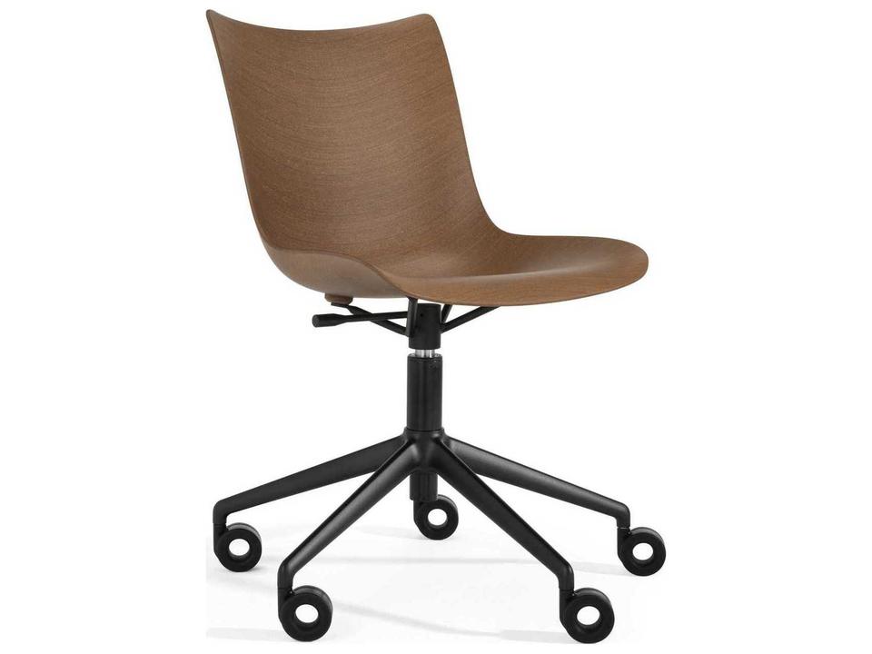 P-Wood Adjustable Swivel Office Chair with Dark Wood Veneer and Chrome Base