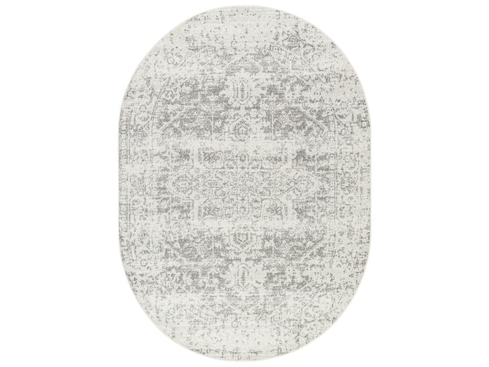 Harput Oval Bordered Area Rug in Charcoal and Light Gray