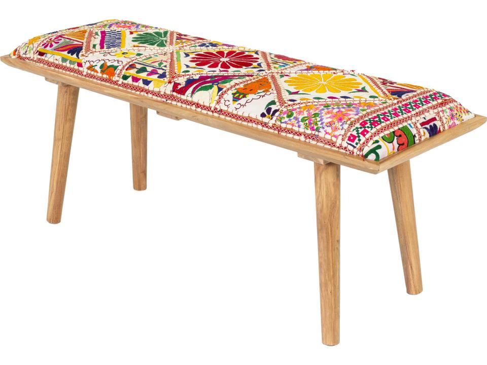 Karma Cream Upholstered Accent Bench with Lacquered Acacia Wood Base
