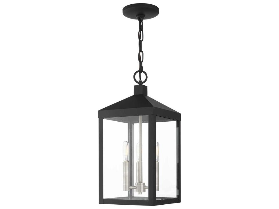 Nyack 3-Light Outdoor Hanging Lantern in Black with Brushed Nickel