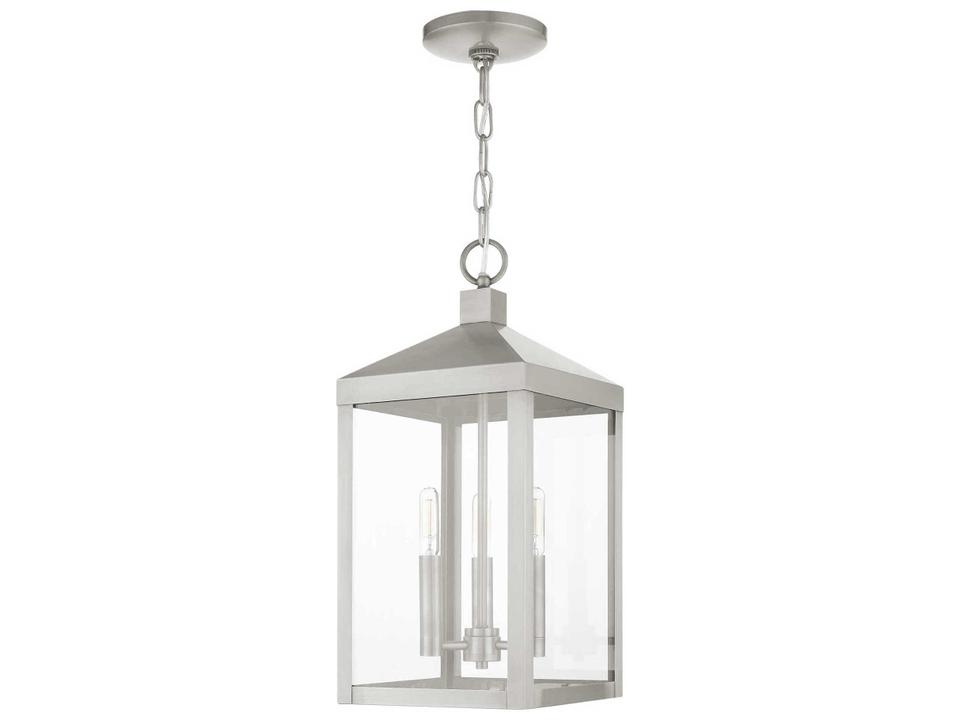 Nyack 3-Light Outdoor Pendant Lantern in Brushed Nickel with Clear Glass
